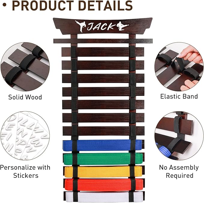 12 Belts Karate Belt Display Rack with Stickers, Martial Arts Belt Display Holder, Taekwondo Belt