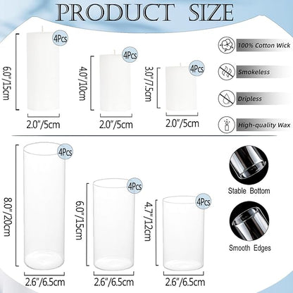 24 Pcs White Pillar Candles and Glass Candle Holders, Clear Cylinder Vases Pillar Candle Holders