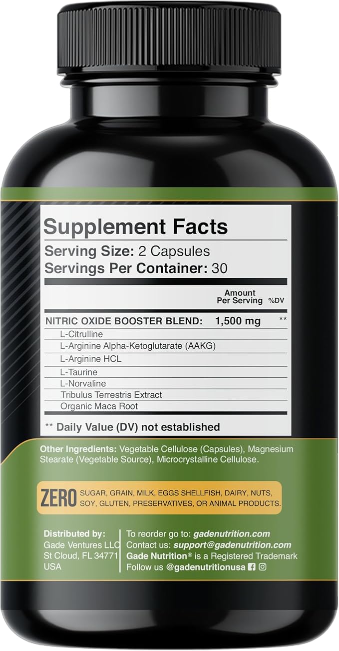 Gade Nutrition Nitric Oxide Supplement - L Arginine Capsules ??Helps to Improve Energy, Endurance &