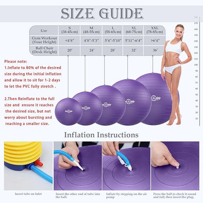 Soft Exercise ball, Anti-Burst Yoga Ball Chair Supports 2200lbs, Workout Equipment w/ Pump for