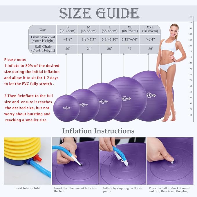 Soft Exercise ball, Anti-Burst Yoga Ball Chair Supports 2200lbs, Workout Equipment w/ Pump for