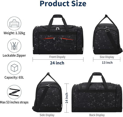 24 inch Large Gym Bag for Men - 65L Hard Bottom Duffle Bag with Shoes Compartment for Sport/Travel
