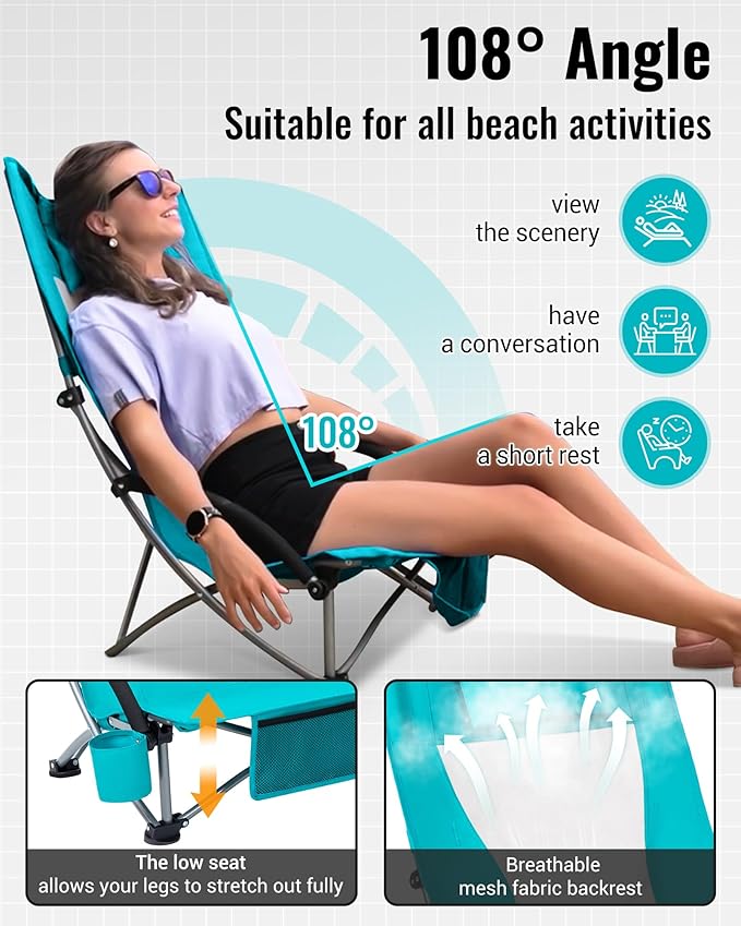 KingCamp Low Beach Chairs, Portable Folding Chair for Adults Extra Wide Ergonomic High Back Seat