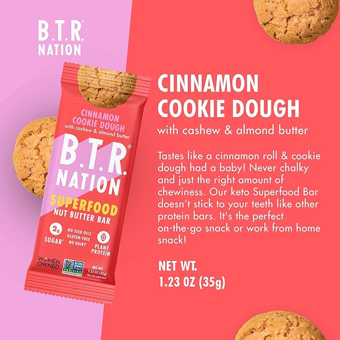 B.T.R. Nation Superfood Keto Protein Bars, Plant Based Vegan Protein - Cinnamon Cookie Dough ENERGY