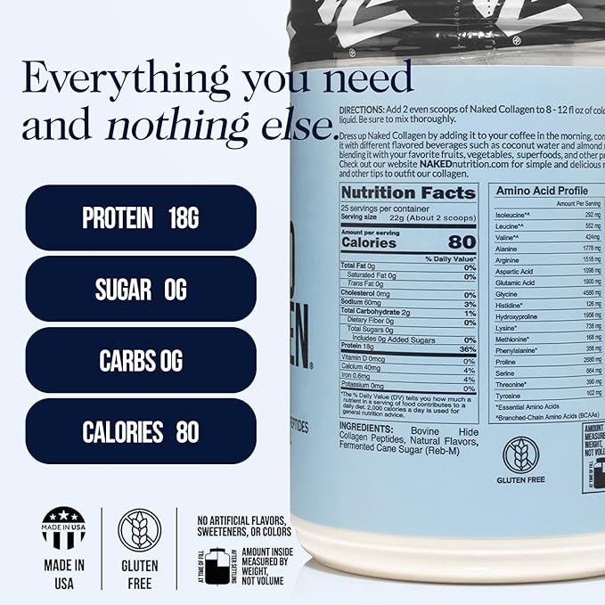 NAKED Caramel Collagen Peptides Protein Powder, 25 Servings, Pasture-Raised, Grass-Fed Hydrolyzed