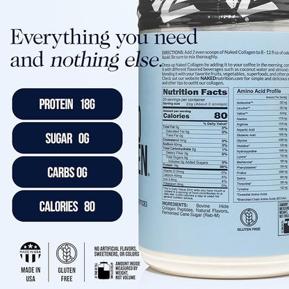 NAKED Caramel Collagen Peptides Protein Powder, 25 Servings, Pasture-Raised, Grass-Fed Hydrolyzed
