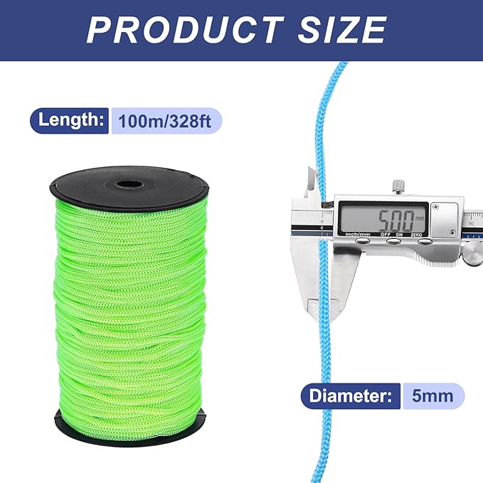 MECCANIXITY 3/16 Inch Polypropylene Rope Braided Ropes, 328ft Nylon Rope Hollow Utility Cord for