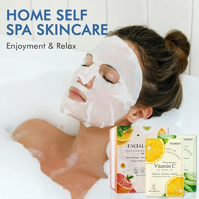 28 Pack Sheet Face Masks Skincare, Hydrating Face Masks Suitable for Sensitive Skin, Bulk Facial