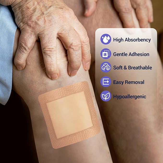 Silicone Foam Dressing 4" x 4" with Border, High Absorbency Wound Bandage, Gentle Adhesion, Soft