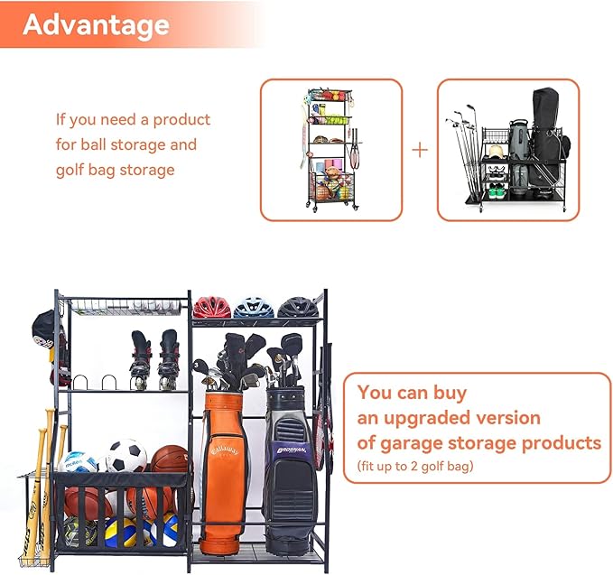 WALMANN Garage Sports Equipment Organizer, Golf Bag Stand for Garage Ball Storage Rack