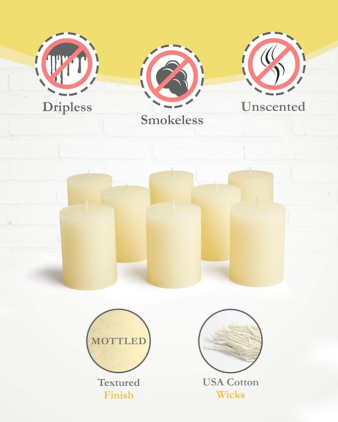 Mottled Pillar Candles by Bask - Set of 8-3" x 4" Dripless Unscented Candles in Ivory for Home