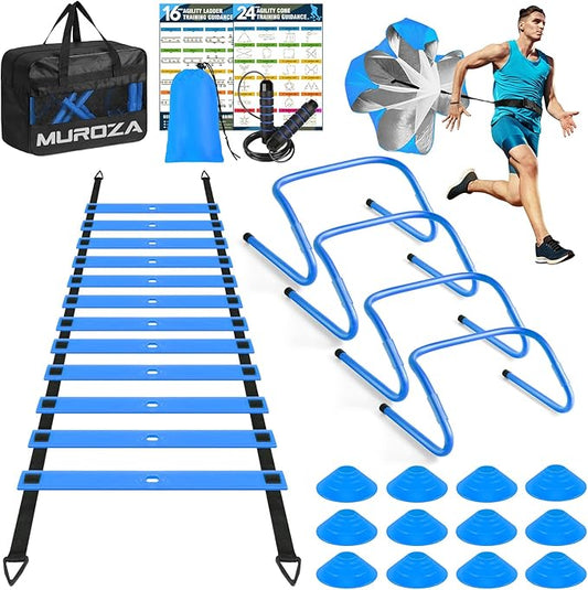 Agility Ladder, Speed Training Equipment Set, 20ft Agility Ladder, 12 Soccer Cones, 4 Hurdles, Jump