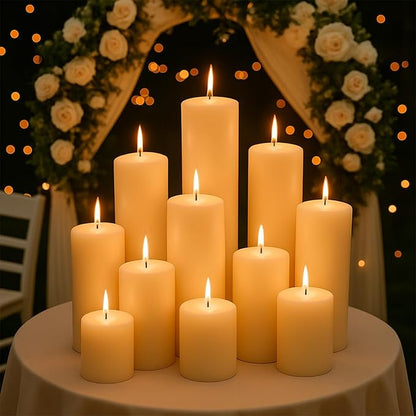 Ivory Pillar Candles Set, 12 Packs, 2.8 in x 4, 6, 8 Inch Assorted Size Unscented Pillar Candles
