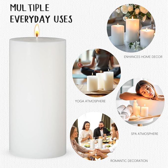 3 Packs Unscented Different Sizes White Pillar Candles, Non-Toxic Dripless Smokeless 3x4, 3x6, 3x8
