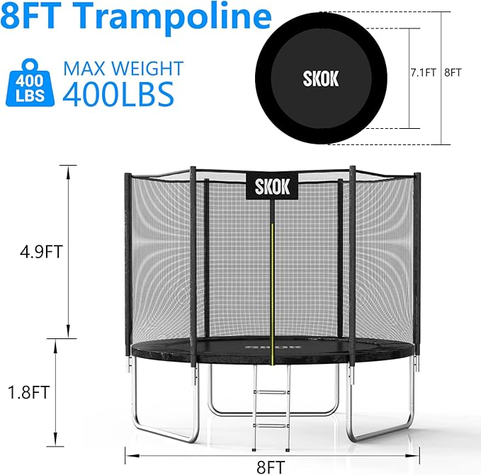 SKOK Trampoline 8FT 10FT 12FT 14FT 15FT Trampolines with Enclosure Net, 400LBS Outdoor Trampolines