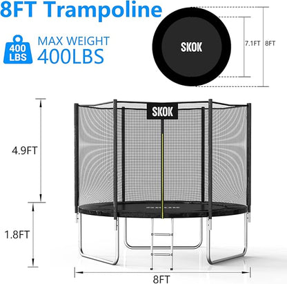 SKOK Trampoline 8FT 10FT 12FT 14FT 15FT Trampolines with Enclosure Net, 400LBS Outdoor Trampolines