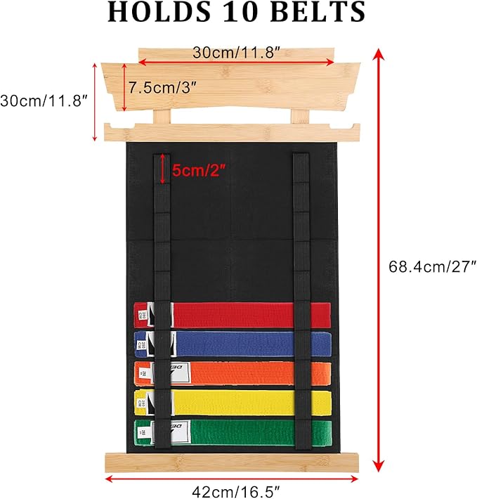 JUXYES Wall Hanging Martial Arts Belts Organizer with Trophy and Medal Display Rack, Bamboo Karate