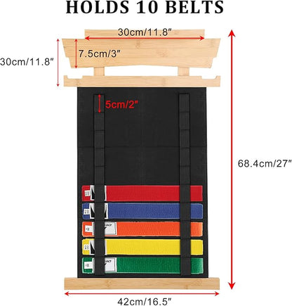 JUXYES Wall Hanging Martial Arts Belts Organizer with Trophy and Medal Display Rack, Bamboo Karate