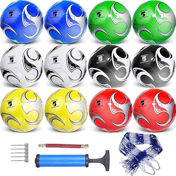 12-Pack Training Soccer Balls Size 5/4/3 with Pump – Bulk Deflated Balls for Teens and Adults