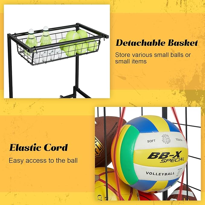 Sports Equipment Organizer, Small Garage Ball Storage Rack with Elastic Straps and 3 Hooks, Garage