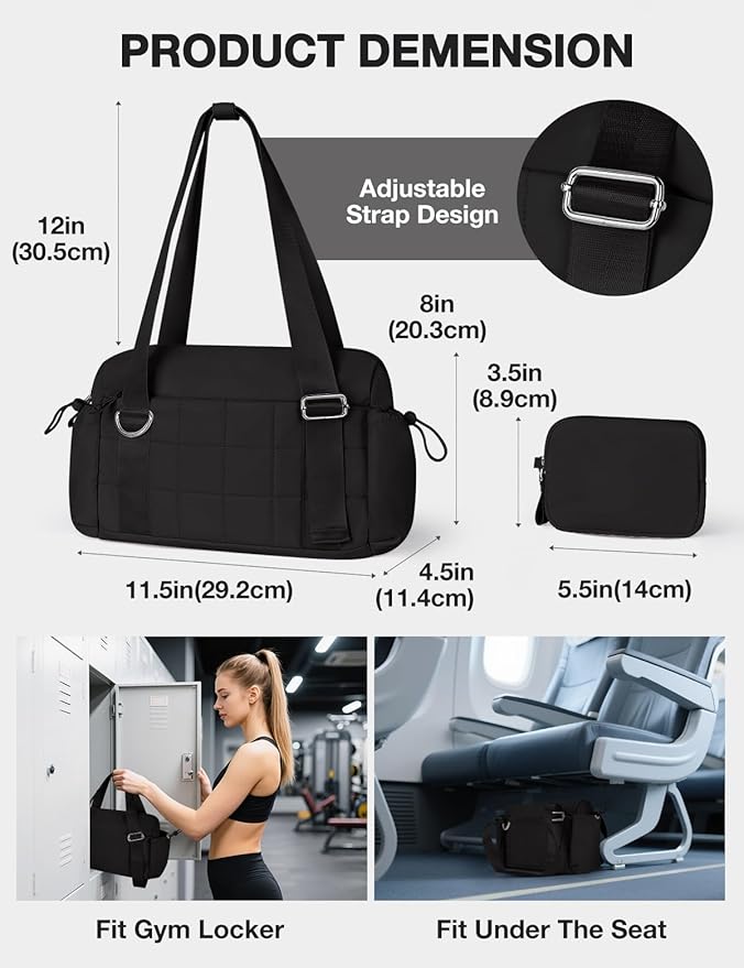 VUUDH Puffy Mini Gym Bag for Women, Carry On Multi-Pocket Water-Resistant Duffel, Lightweight