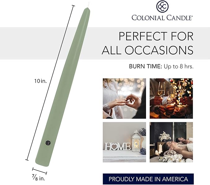 Colonial Candle Unscented Taper Candle, Handipt Collection, Colonial Classic Green, 10 in, Pack of