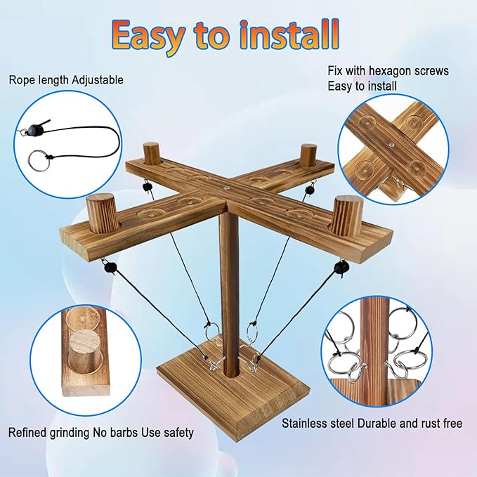 Hook Toss Game, Ring Toss Game, Handmade Wooden Ladder, Throwing Hook and Ring Battle Game for
