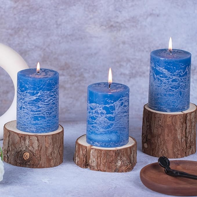 KONNI Blue Pillar Candles Set of 3, 3"x 4" Unscented Pillar Candles Bulk, 39 Hours Long Burning