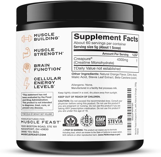 Muscle Feast Creapure Creatine Monohydrate Powder, Vegan Keto Friendly Gluten-Free Easy to Mix