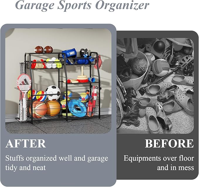 Garage Sports Equipment Organizer - Ball Storage Rack with Elastic Rope or Wire Mesh,Garage