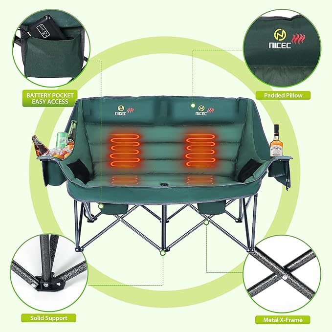 Nice C Heated Camping Chair with Battery, Heated Double Camping Couch, Oversized Thick Padded