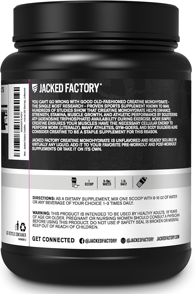 Jacked Factory Creatine Monohydrate Powder 1000g - 5g Daily Creatine Supplement for Men and Women