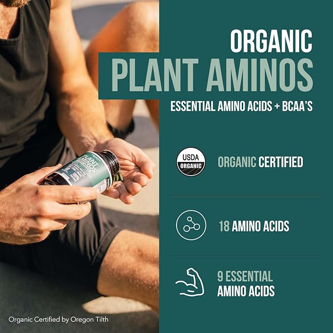 Plant Aminos Organic Essential Amino Acids (EAAs) & BCAA - 100% Plant-Based Raw, Vegan - All 9