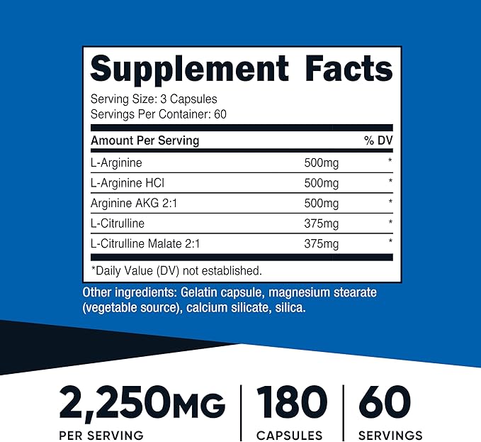 Nutricost Nitric Oxide Booster 2250mg, 180 Capsules - 750mg Per Casule, 60 Servings - Gluten Free