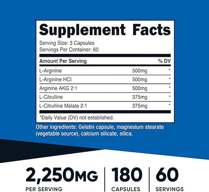 Nutricost Nitric Oxide Booster 2250mg, 180 Capsules - 750mg Per Casule, 60 Servings - Gluten Free