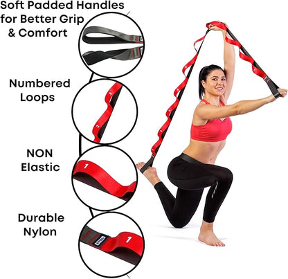 Stretching Strap with Loops - Non Elastic Stretch Band for Physical Therapy, Yoga Strap for