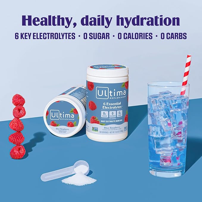 Ultima Replenisher Daily Electrolyte Powder Drink Mix – Sugar Free – Blue Raspberry, 90 Servings