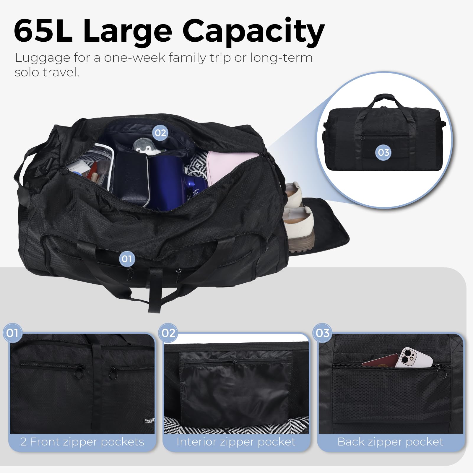 Fmeida 65L Duffle Bag Foldable Travel Duffel Bags for Men Women Travel Bag