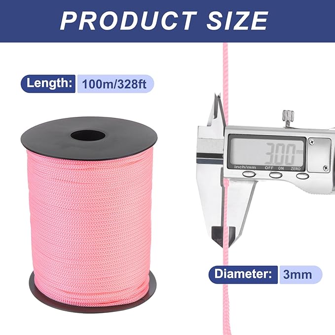 MECCANIXITY 1/8 Inch Polypropylene Rope Braided Ropes, 328ft Nylon Rope Hollow Utility Cord for