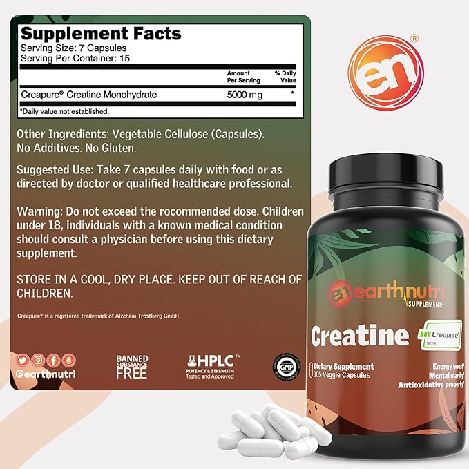 EarthNutri Creatine Monohydrate Capsules - Micronized for Better Absorption - Supports Muscle