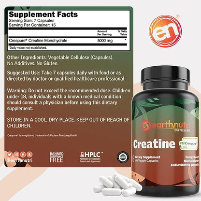 EarthNutri Creatine Monohydrate Capsules - Micronized for Better Absorption - Supports Muscle