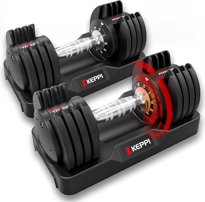 Keppi Adjustable Dumbbells Set-25lb/40lb/55lb/60lb, Anti-Slip Metal Fast Adjust Weight Handle