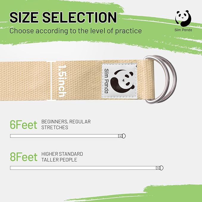 Slim Panda Yoga Strap for Stretching,Cotton Yoga Strap with Adjustable D-Ring Buckle,Non-Elastic