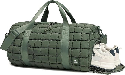 Quilted Duffel Bag for Women, Puffer Gym Duffle Bag with Shoe Compartment Lightweight Large
