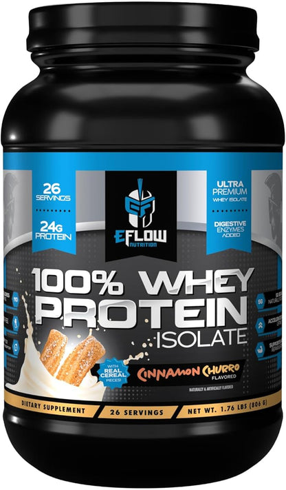 eFlow Nutrition 100% Whey Protein Isolate - Lactose-Free Digestive Enzymes Added, Low Carb, Post