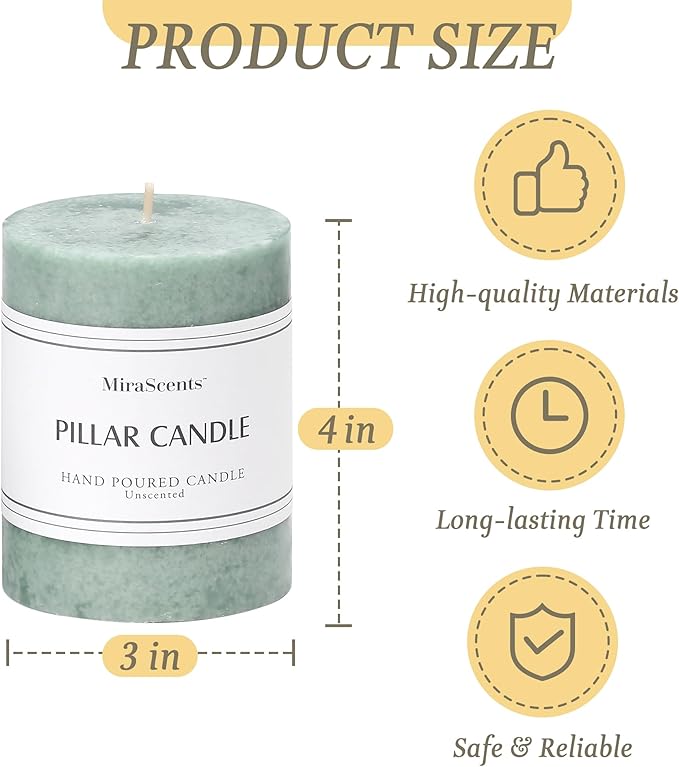 3x4 inch Green Pillar Candles Set of 3, Unscented Pillar Candle, Dripless and Smokeless Large