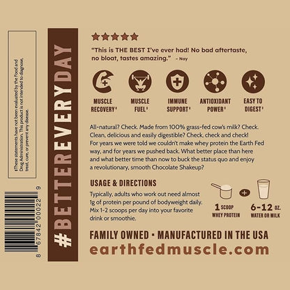 Earth Fed Muscle Chocolate Shakeup Truly Grass Fed Whey Protein Isolate NSF-Certified. No