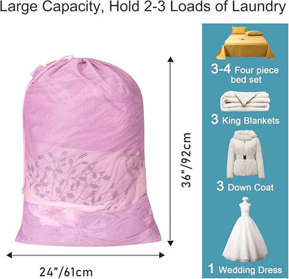 Polecasa Heavy Duty Diamond Large Mesh Laundry Bag with ID Tag and Locking Drawstring Closure - 24