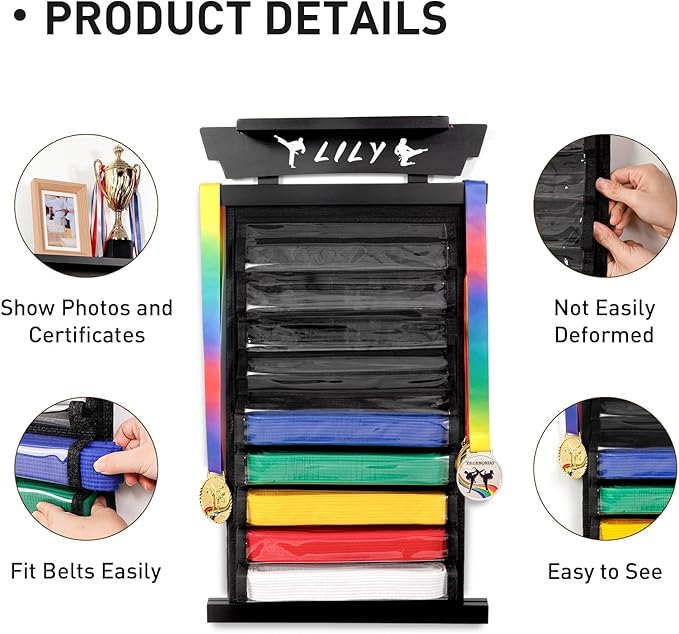 Tilhumt 12/10 Belts Karate Belt Display Rack with Stickers, Taekwondo Belt Display with