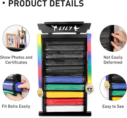 Tilhumt 12/10 Belts Karate Belt Display Rack with Stickers, Taekwondo Belt Display with